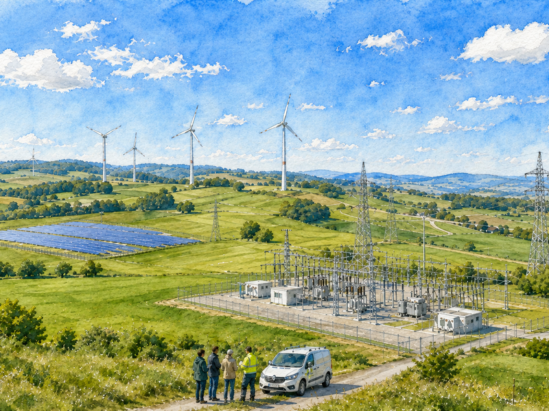 Eine weite Landschaft zeigt Hügel mit Windrädern und Solarpanels, eine kleine Anlage mit Überlandleitungen und vier Menschen neben einem Fahrzeug im Vordergrund unter einem sonnigen Himmel.
