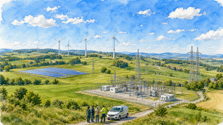 Eine weite Landschaft zeigt Hügel mit Windrädern und Solarpanels, eine kleine Anlage mit Überlandleitungen und vier Menschen neben einem Fahrzeug im Vordergrund unter einem sonnigen Himmel.