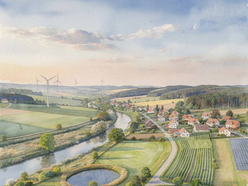 Ein malerisches Landschaftsbild zeigt ein Dorf neben einem Fluss, umgeben von Feldern, mit Windrädern im Hintergrund und einer Solaranlage in der Nähe. Dieses Bild ist KI-generiert.