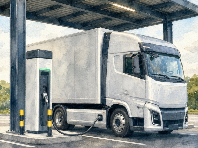 Ein LKW wird an einer Ladestation unter einem überdachten Bereich aufgeladen, umgeben von Bäumen im Hintergrund. Dieses Bild ist KI-generiert.