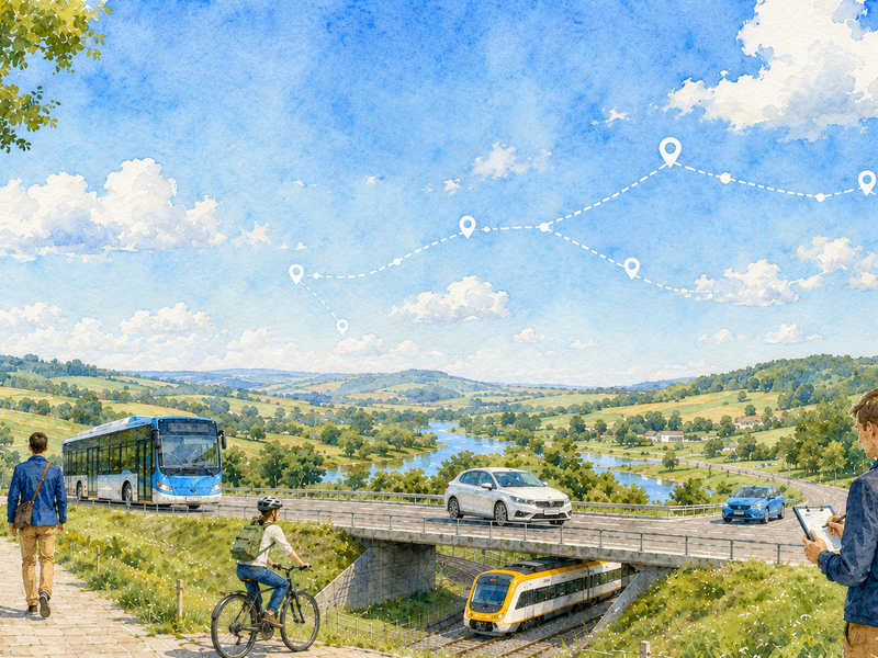 Eine malerische Landschaft zeigt Menschen, die sich mit verschiedenen Verkehrsmitteln wie Bus, Fahrrad und Auto fortbewegen, während ein Zug unter einer Brücke vorbeifährt und elektronische Geräte genutzt werden. Dieses Bild ist KI-generiert.