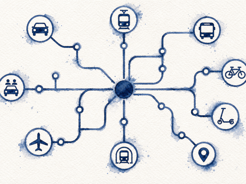 Ein Netzwerkdiagramm zeigt verschiedene Verkehrsmittel wie Auto, Zug, Bus, Fahrrad, Flugzeug und Roller, die alle von einem zentralen Punkt aus verbunden sind. Dieses Bild ist KI-generiert.