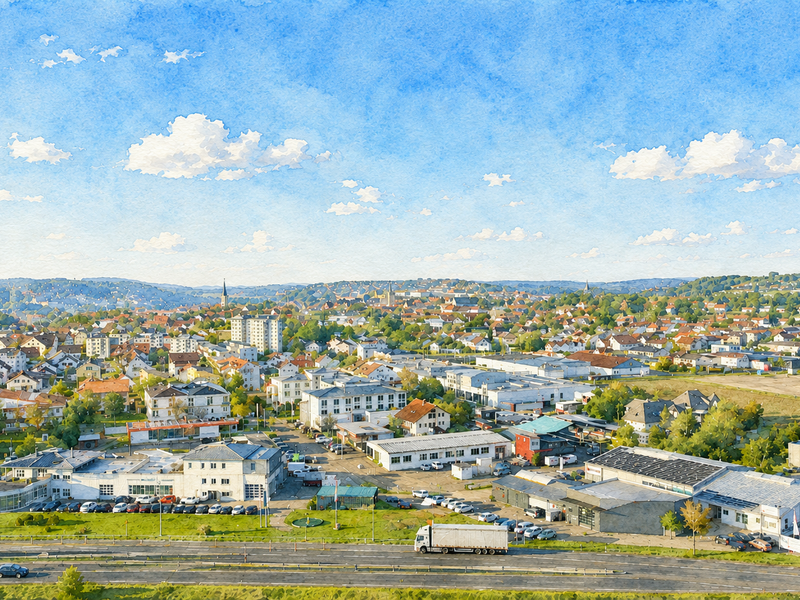 Die Darstellung zeigt eine Panoramasicht auf eine Stadt mit zahlreichen Gebäuden, Straßen, Bäumen und einem klaren Himmel mit einigen Wolken. Dieses Bild ist KI-generiert.