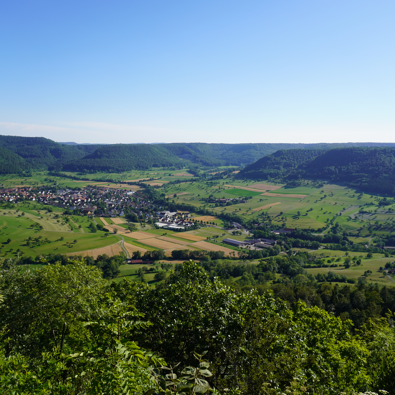Eine grüne, hügelige Landschaft mit einer kleinen Ortschaft in der Bildmitte, umgeben von Feldern und Wäldern, breitet sich unter einem klaren, blauen Himmel aus. Blick vom Filsenberg.
